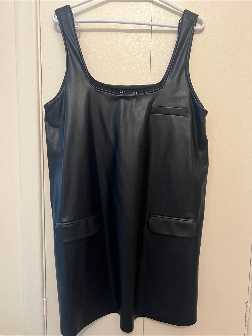 Zara Black Faux Leather Pinafore with Pocket Details